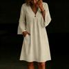 Women's Color V-Neck Button Loose Fit Dress with Flare Sleeves and Pockets for Beach Vacation