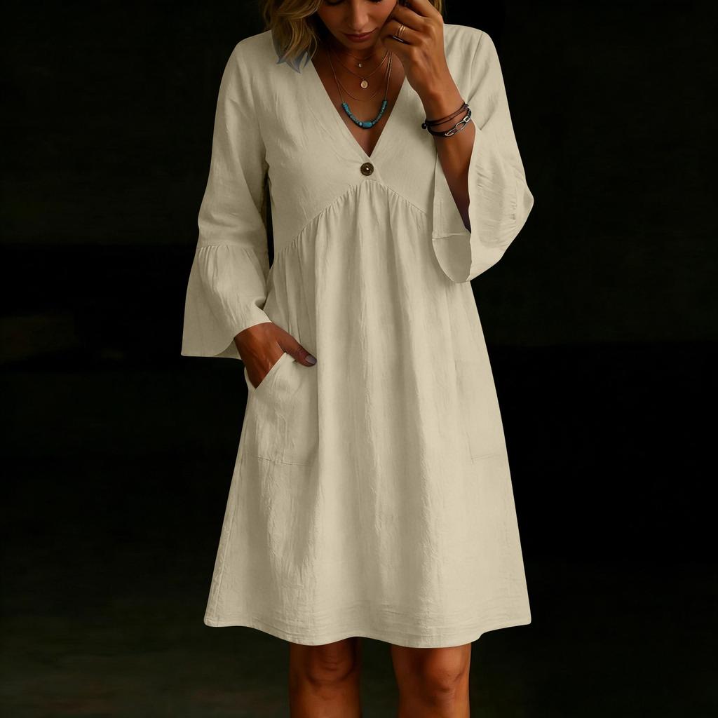 Women's Color V-Neck Button Loose Fit Dress with Flare Sleeves and Pockets for Beach Vacation