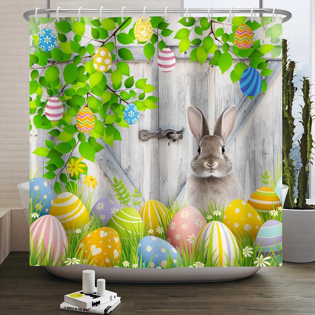 Spring Easter Shower Curtain Happy Rabbit Bunny Eggs Flower Garden Floral Holiday Waterproof Bathroom Shower Curtain With Hooks