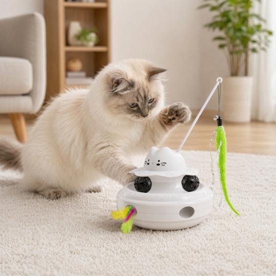 Electric Cat Interactive Toy with Feather & Track Ball, 4-in-1 Automatic Smart Cat Teaser Toy, Indoor Cats Boredom Enrichment Toy