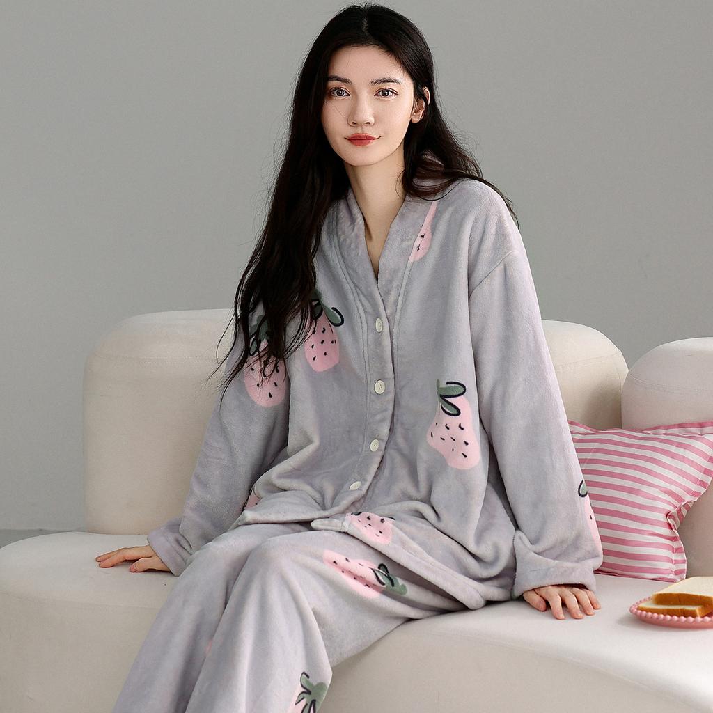 Flannel Pajamas Women'S Autumn And Winter Long-Sleeved Thickened Warm Coral Fleece Winter Loungewear Set