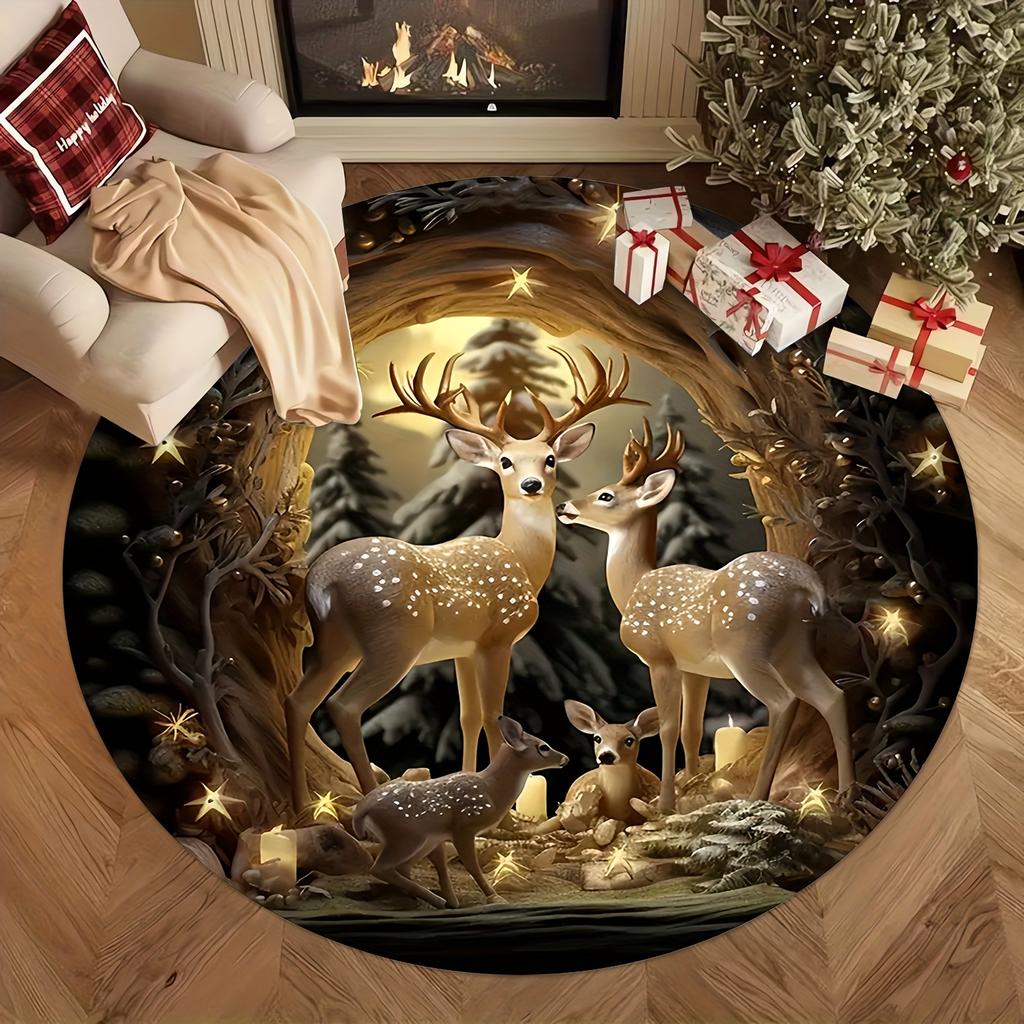 Christmas Reindeer Round Rug, Washable Premium Flannel Doormat for Entrance, Living Room, Bedroom, Patio, Festive Home Decor