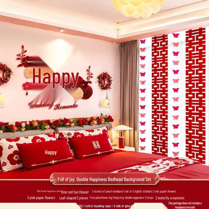 Wedding Room Decor: Double Happiness Banner for Bedroom Headboard & Curtains.