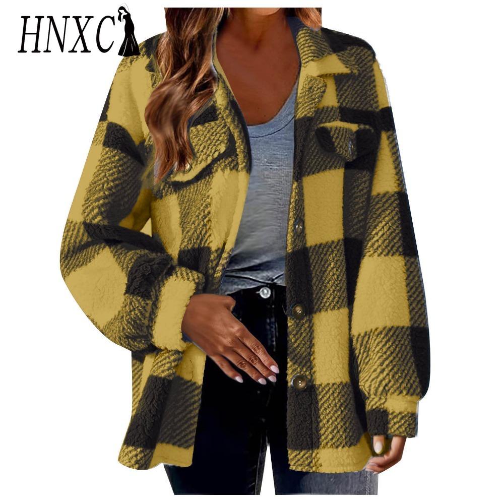 HNXC Damen Vintage Lässig Karomuster Herbst Winter Langarm POLO Kragen Jacken & Mäntel