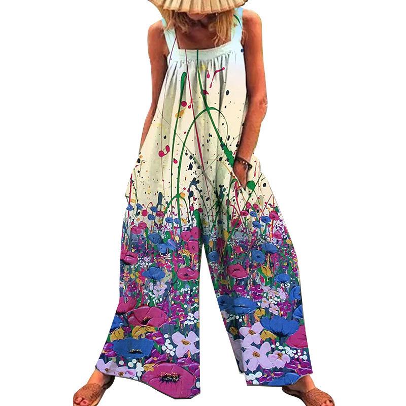 2026 Summer Plus-Size Women's Printed Strappy Wide-Leg Jumpsuit