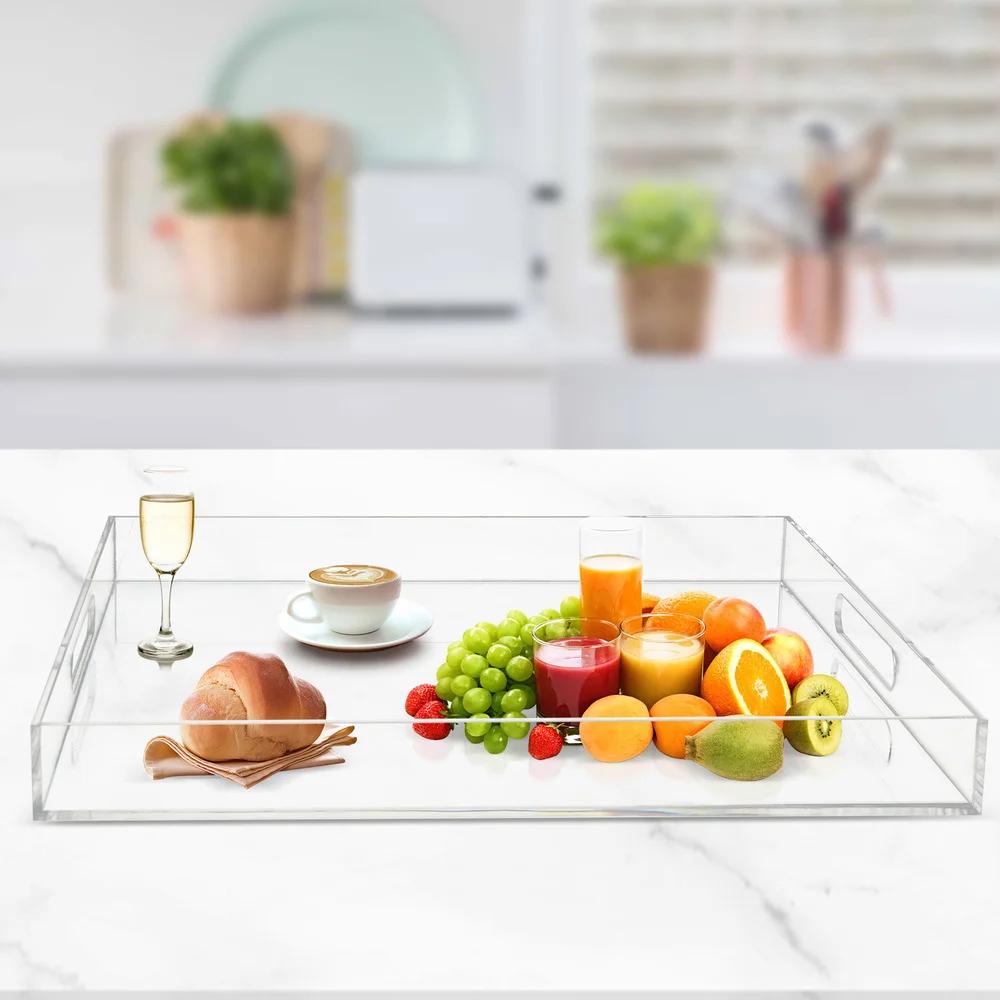 Bymaocar Transparenter Acryl Quadratischer Wasserdichter Serviertablett Geringe Stellfläche Mit Griffen für Speisen, Vorspeisen, Kaffee, Getränke