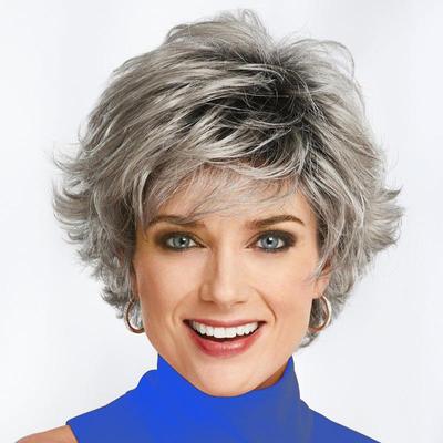 Women's Fashion Gradient Gray Wig with Bangs Heat Resistant Synthetic Short Curly Wavy Fluffy Wigs for Everyday Life KTB
