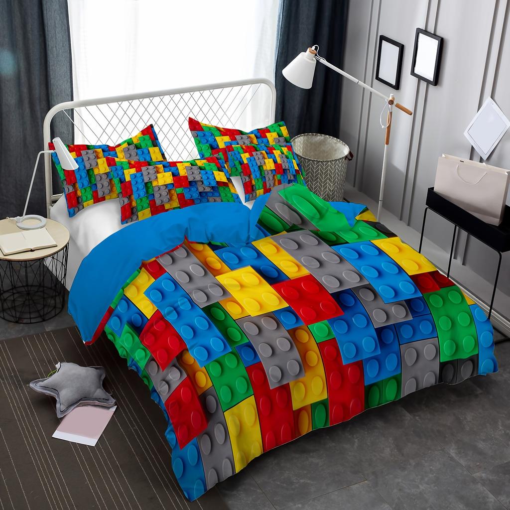 Modern Duvet Cover Set Building Blocks Print Washable Polyester Bedding Set Soft Comfortable And Breathable Duvet Cover
