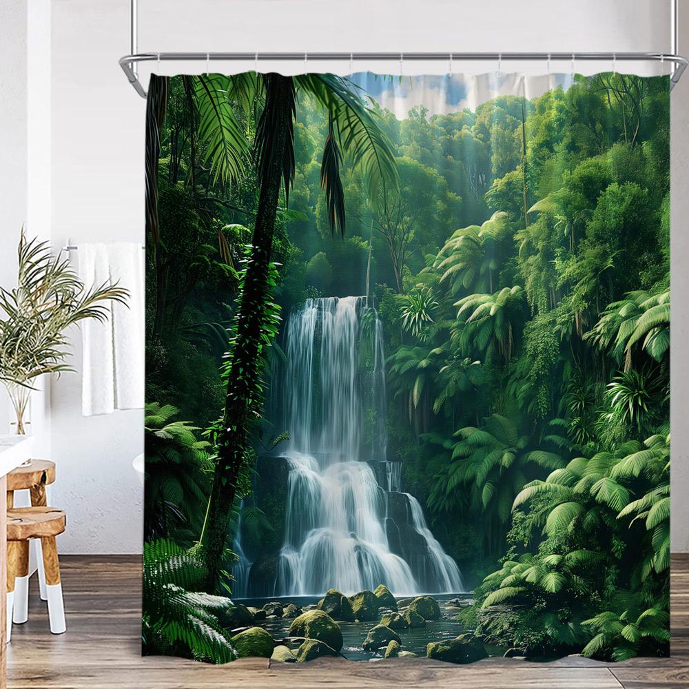 Natürliche Landschaft Wasserfall Wald Duschvorhang Landschaft Grüne Blätter Pflanzen Badezimmer Dekor Polyester Duschvorhang für Zuhause