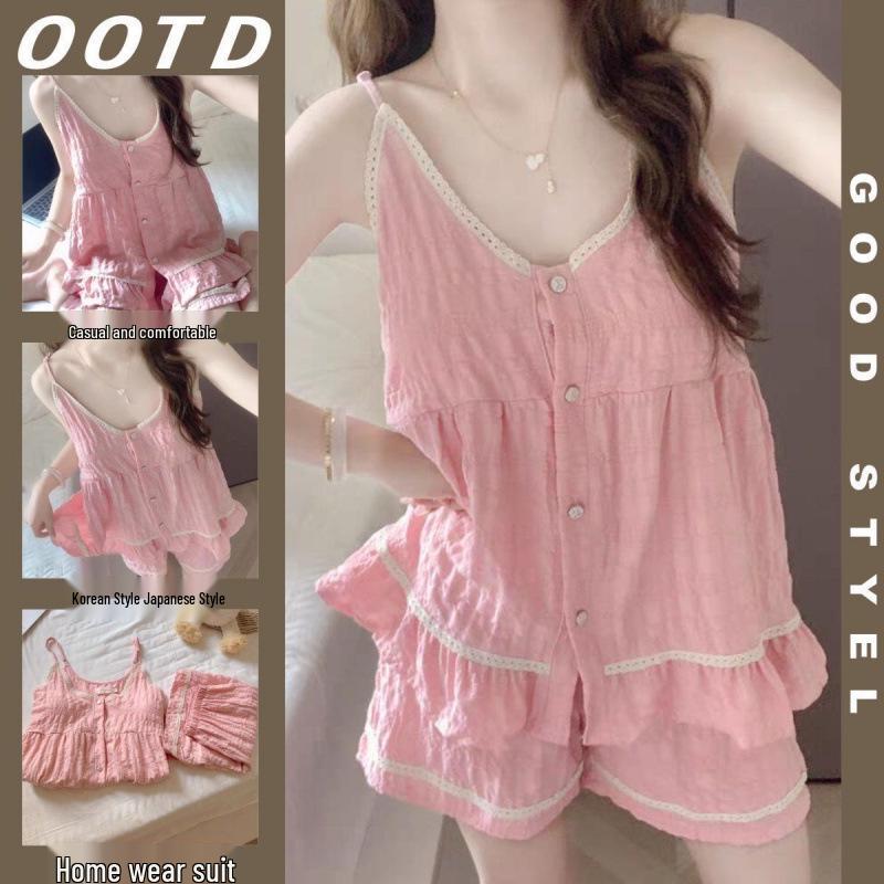 Women's Summer Pajama Set: Sweet Loose Camisole & Shorts with Removable Chest Pads