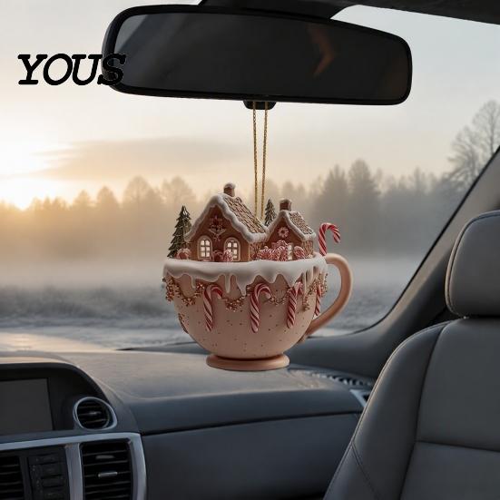Unique Stocking Stuffer Gifts 2Pcs Fairy Tale Coffee Cup Snow House Christmas Ornaments, Double-sided Acrylic Ornaments Hanging Decoration for