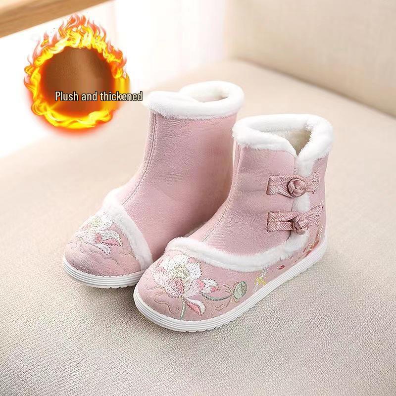 Girls' Winter Hanfu Shoes: Velvet-Lined Embroidered Cotton Boots with Non-Slip Soft Sole