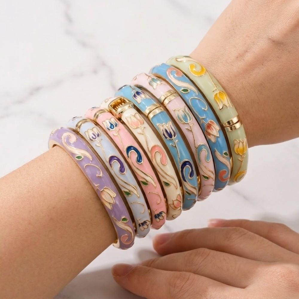 Enamel Vintage Cloisonne Bangle Colorful Women's Hand Bracelet Bohemian Tulip Flower Bangle Girls