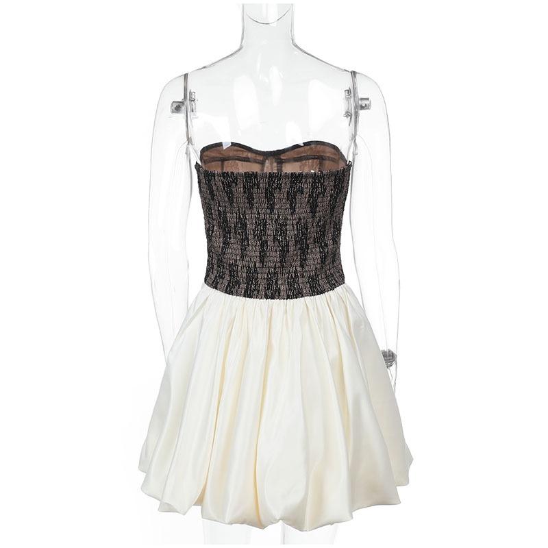 Women Splice Lace Strapless Dress Sexy Contrast High Waist A Line Puffy Mini Dresses Lady 2025 Spring Summer New Club Dress