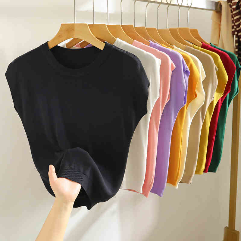 Summer Round Neck Knitted Casual Women's T-shirt Elegant Loose Ice Silk Thin Fit Solid Color Short Sleeve Tee Tops Ladies Simple Fashion T Shirt 3097