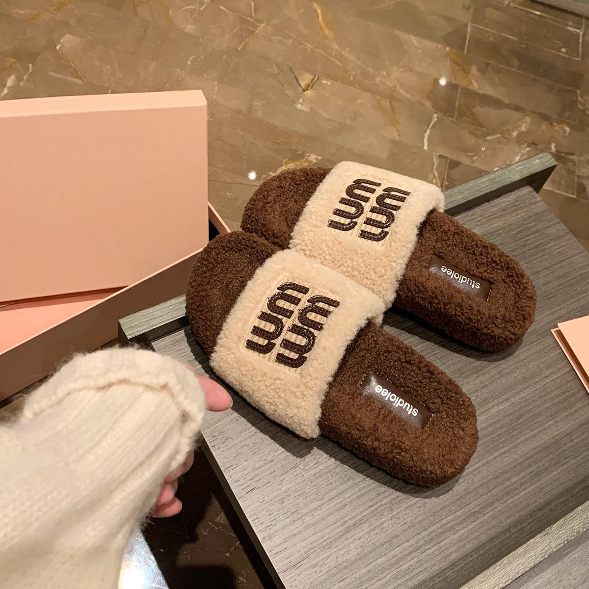 Autumn and winter color matching one-word casual thick-soled soft-soled fluffy slippers 34