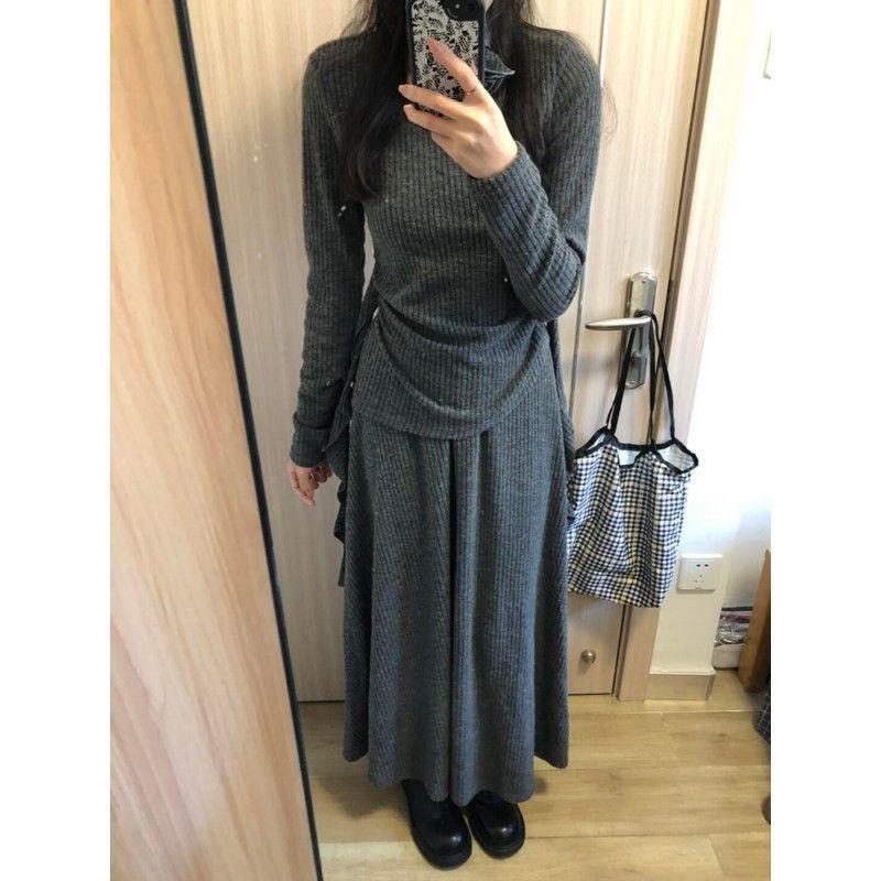 

Women s French Grey Knit Top & Long Skirt Set - Elegant Two-Piece for Spring/Autumn M