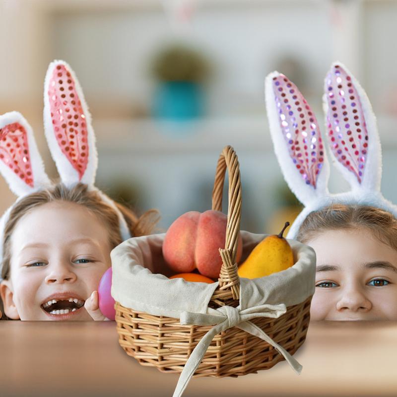 Portable Woven Rattan Basket Flower Basket Gift Basket with Handles and Cloth Lining Fruit Vegetable Bread Sundries Storage Bask