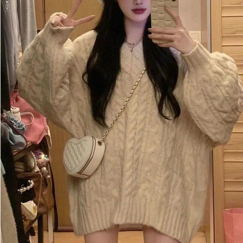 

Женский свободный свитер, милый розовый джемпер с v-образным вырезом, утепленный и сохраняющий тепло, мягкий вязаный пуловер из клеевого риса в консервативном стиле, осень-зима M абрикосовый