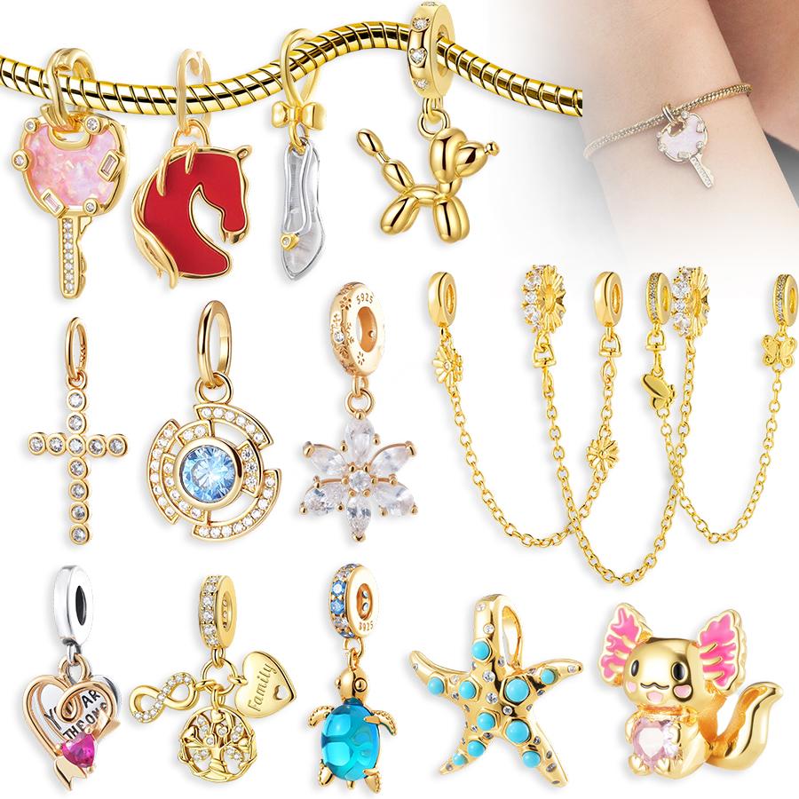 NEW Gold Plated Charm Beads & Pendants Set for European Bracelets Women Fashion Zircon Starfish Axolotl Cross Charms DIY Jewelry