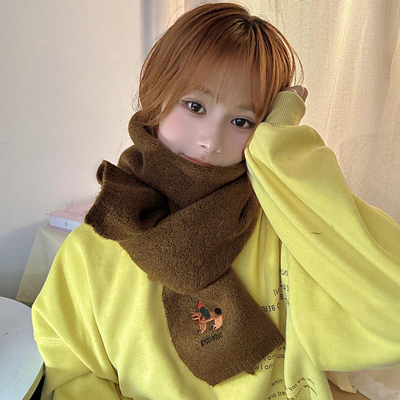 Falling Pool Knitwear: Women's Cute Puppy Embroidered Winter Scarf - Warm, Versatile Cartoon Neck Warmer