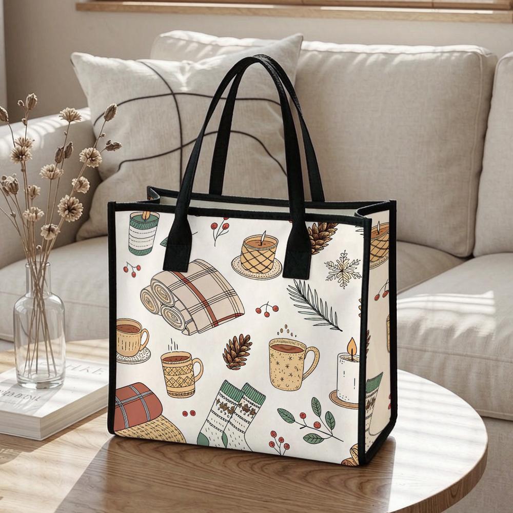 Cozy Winter Pattern Tote Bag Casual Large Capacity Holiday Shoulder Bag for Daily Use