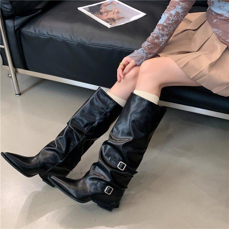 Stiefel High Heel Pile Ritterstiefel Schnallenstiefel Damen Plissiert Wind Gebraten Street Spice Girl Punk Dicke Ferse Spitze 2025