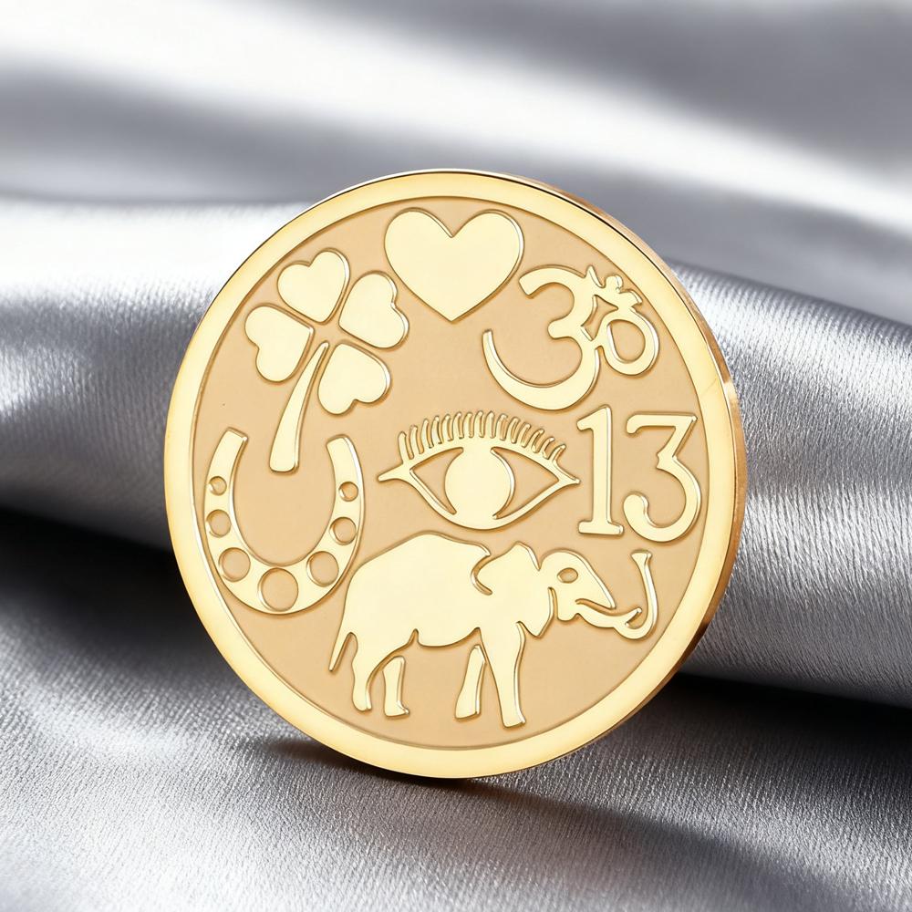 Dawapara Good Luck Symbols Brooch Elephant Clover Hoeseshoes Evil Eye Religious Spiritual Amulet Stainless Steel Lapel Pins