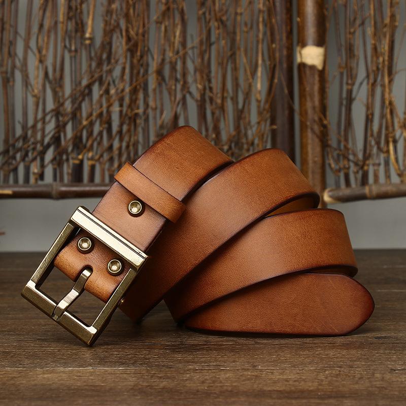 Men's Leather Belt Thickening Bolding Vegetable Tanned Full-Grain Leather Cowhide Brass Buckle Retro Genuine Leather Fashion