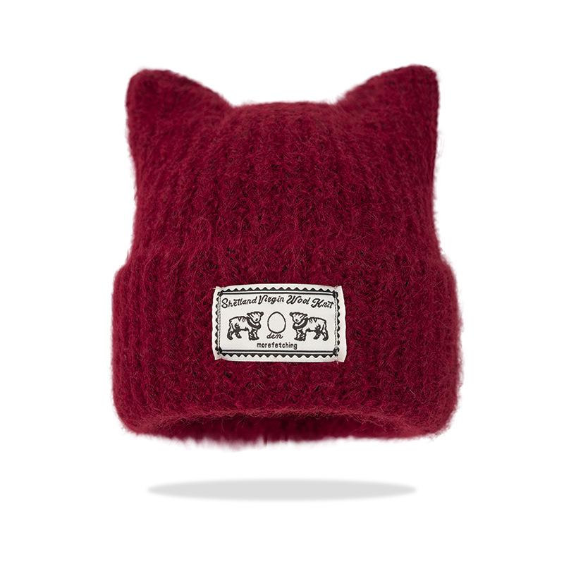 New cute cat ear patch solid color knitted hat autumn and winter face small wool hat warm ear protector pullover hat cold hat