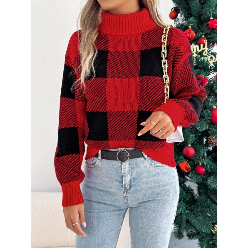 Women European Style Contrast Color Plaid High Neck Long Lantern Sleeve Pullover Sweater