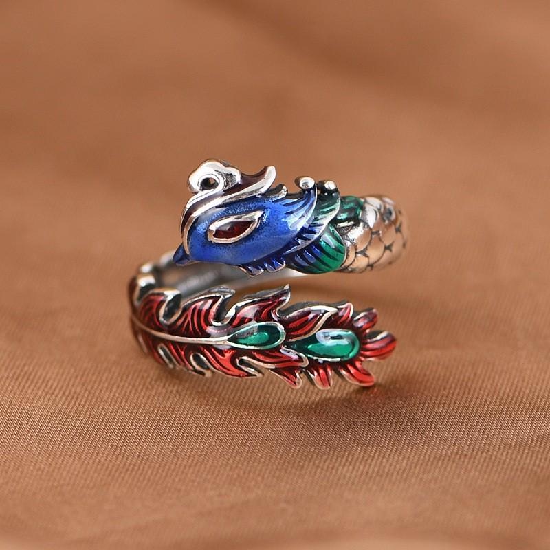 925 Retro Style Dragon & Phoenix Enamel Ring: Unisex, Artistic, Open Index Finger Design