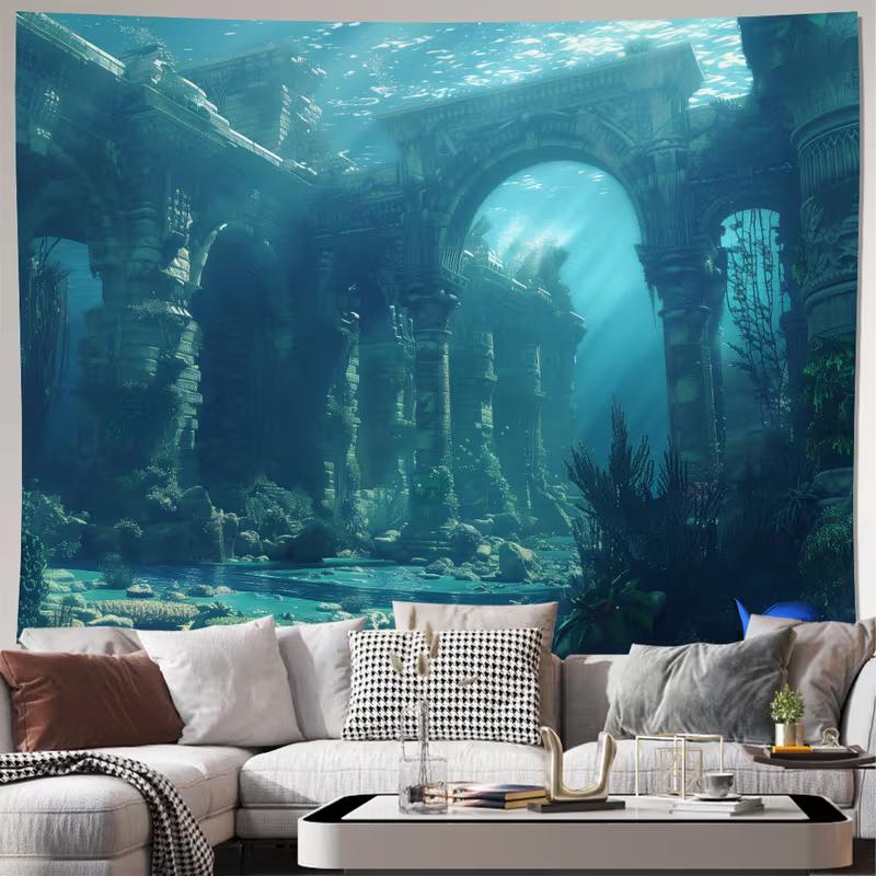 

2D Ocean Sunken Temple Wall Hanging, Underwater Ancient City Tapestry for Dorm 47.2x31.5inch/120*80cm