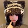 Cute cat ears bow knitted hat women's autumn and winter warm versatile face small big head circumference ear protection Lei Feng hat