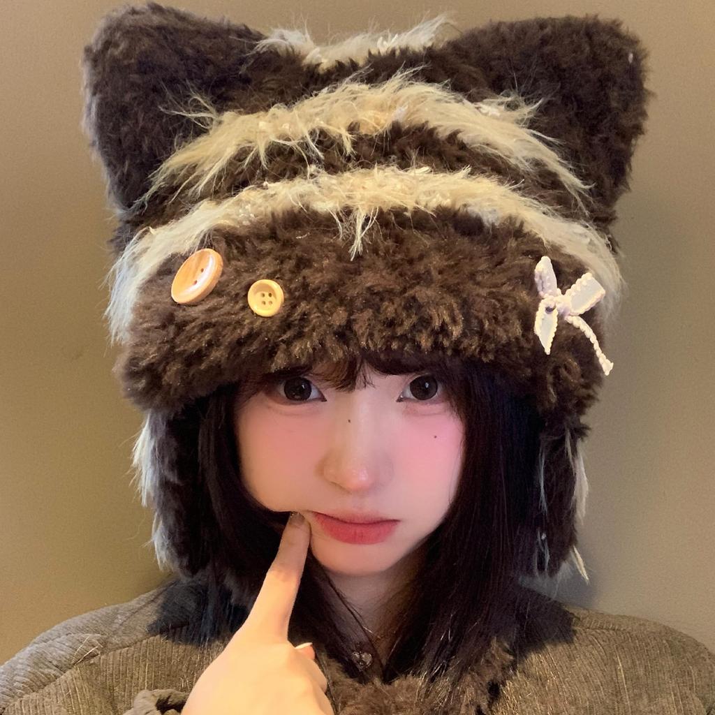 Cute cat ears bow knitted hat women's autumn and winter warm versatile face small big head circumference ear protection Lei Feng hat