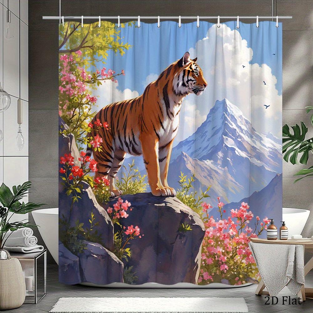 Bengal Tiger Shower Curtain Mountain Landscape Print With Flowers Polyester Bath Curtain With Hooks For Nature Decor
