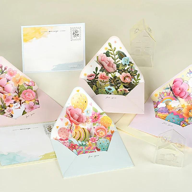 1pcs New Romantic Flower Birthday Christmas Card 3d Pop-Up Greeting Cards Party Wedding Decorations Creative Girl Envelope Gifts