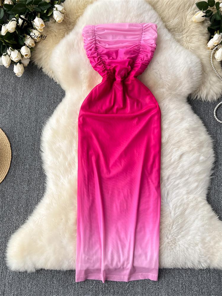 

Градиентные сексуальные платья без бретелек с открытой спиной, складные рукава и открытой спиной, женский шикарный облегающий облегающий сарафан, элегантная вечерняя одежда S розовый