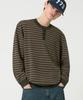 TRILLION Semi-Crop Henley Neck Knit_Stripe Khaki
