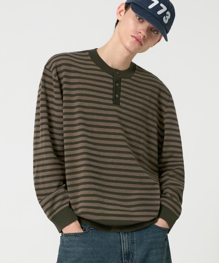 TRILLION Semi-Crop Henley Neck Knit_Stripe Khaki
