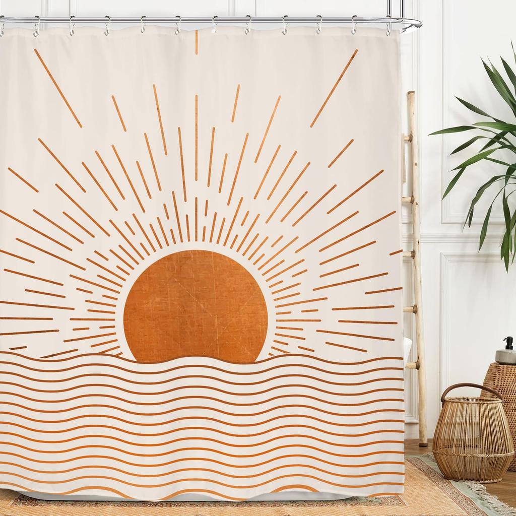 Rust Sun Abstract Shower Curtain Set Simple Medieval Vintage Sunrise Polyester Waterproof Bathroom Curtain With Hook