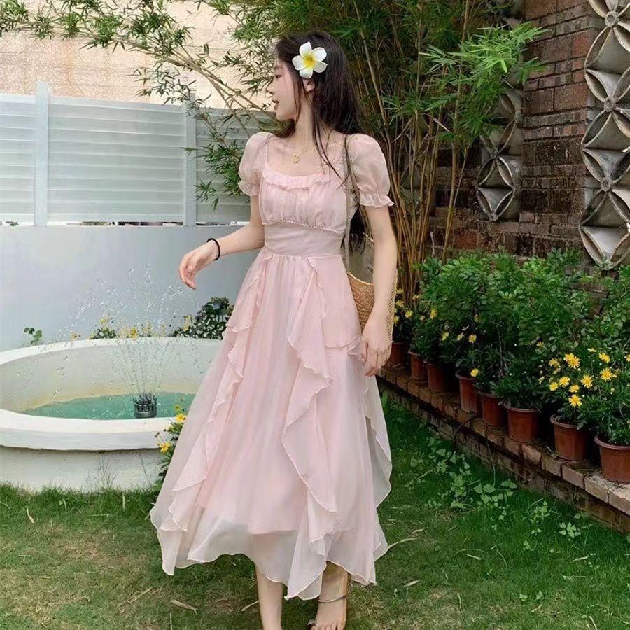 French square neck, sweet and gentle fairy-style dress for women, new summer women's clothing, waist-cinching slimming mid-length dress