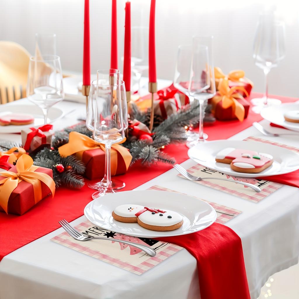 Christmas Placemats Set of 4, Machine Washable Linen Table Mats, Woven Rectangular Holiday Dining Decor, Festive Pink Checkered Christmas Tree Design