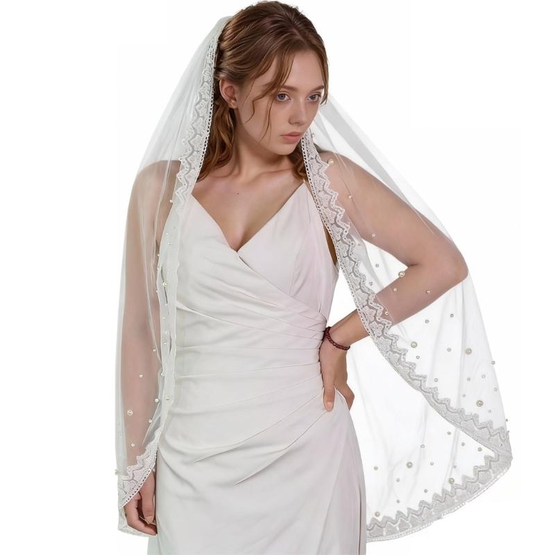 Elegant Floral Veils For Wedding Bride Lightweight Pearls Breathable Fabric Headpiece Formal Occasion