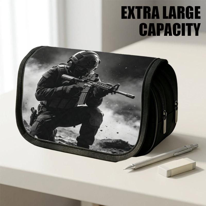 1pc Flip-Top Pencil Case, Military Tactical Soldier Black Large Capacity Thickened Oxford Pencil Bag Double-Layer Zipper Pencil Pouch, Aesthetic Back