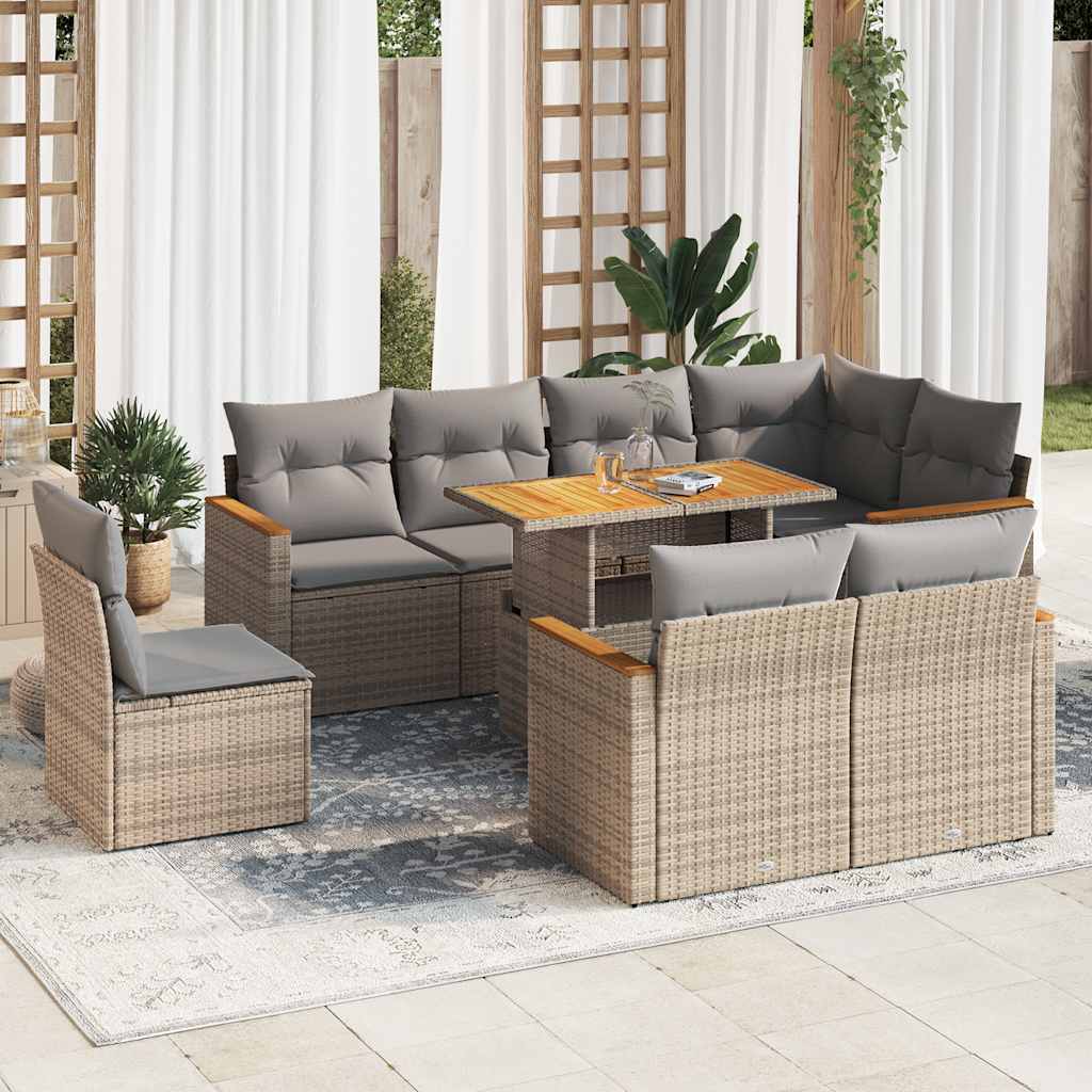 9 Piece Garden Sofa Set with Cushions Beige Poly Rattan & Acacia