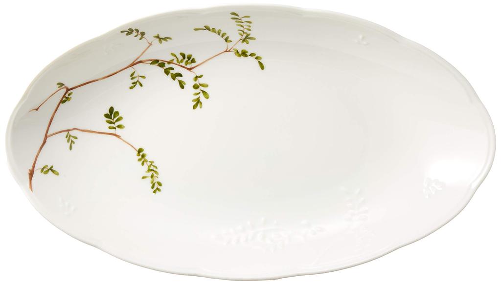 NARUMI Bowl and Plate Set, "Sato Hanagoyomi" (Sato Hana Goyomi) Design, 32cm Diameter, Green, Floral Pattern, Set of 2, Cute Oval Bowls, Wedding Gift,