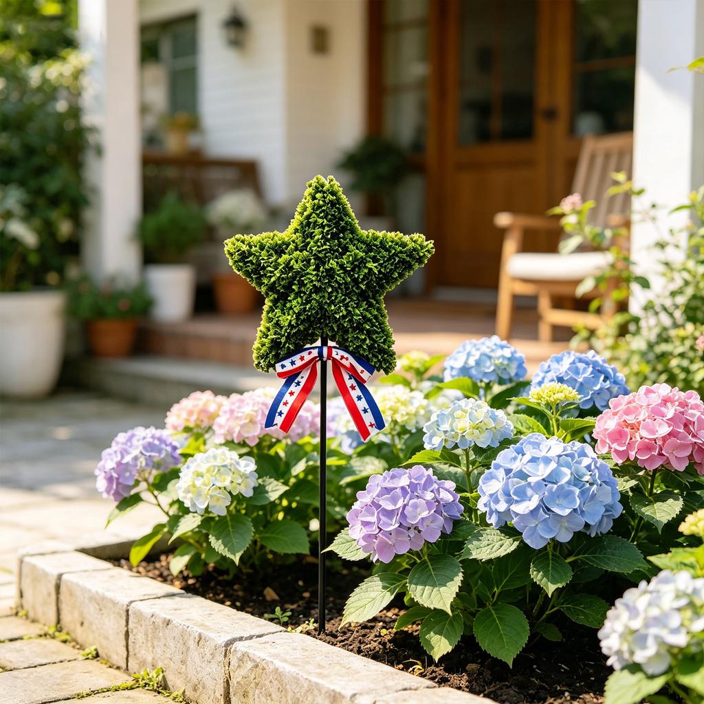 Artificial Star-Shaped Topiary Stake Outdoor Garden Decoration Lawn Ornament for Yard Patio Landscape Display with Metal Rod