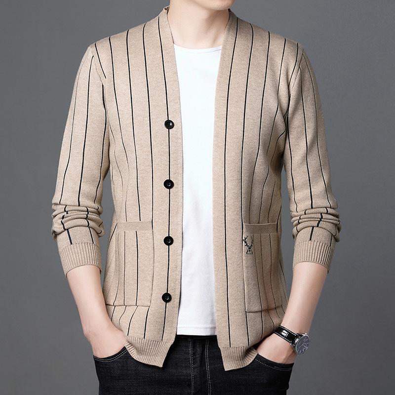 

Мужской вязаный кардиган, осенний новый полосатый вязаный свитер, молодежная повседневная модная верхняя одежда, куртка с настоящим карманом 4XL верблюд