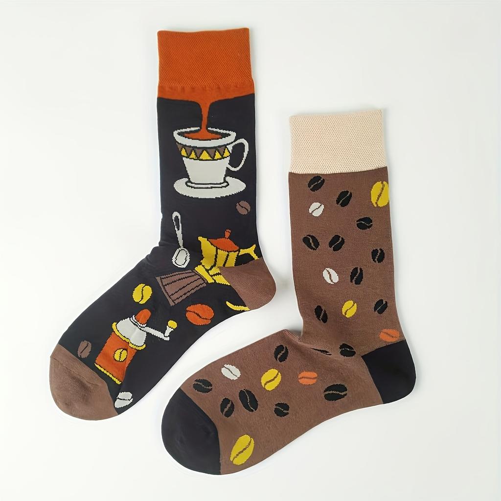 1-pair of Stylish Asymmetrical Coffee Print Socks